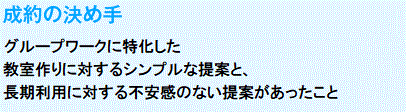 成約の決め手
　グループワークに特化した教室作りに対するシンプルな提案と、長期利用に対する不安感のない提案があったこと。