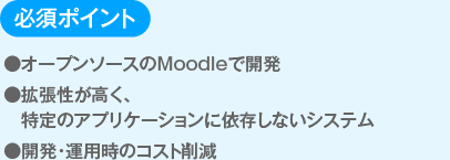 必須ポイント
　●オープンソースのMoodleで開発
　●拡張性が高く、特定のアプリケーションに依存しないシステム
　●開発・運用時のコスト削減