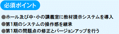 必須ポイント
　●ホール及び中・小の講義室に教材提示システムを導入
　●第１期のシステムの操作感を継承
　●第１期の問題点の修正とバージョンアップを行う