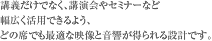 講義だけでなく、講演会やセミナーなど幅広く活用できるよう、どの席でも最適な映像と音響が得られる設計です。