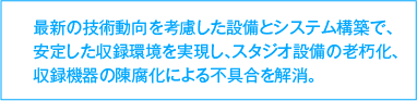 最新の技術動向を考慮した設備とシステム構築で、安定した収録環境を実現し、スタジオ設備の老朽化、収録機器の陳腐化による不具合を解消。