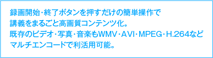 録画開始・終了ボタンを押すだけの簡単操作で講義をまるごと高画質コンテンツ化。既存のビデオ・写真・音楽もWMV・AVI・MPEG・H.264などマルチエンコードで活用可能。