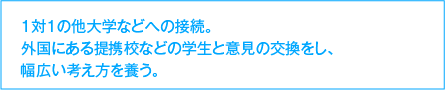 1対1の他大学などへの接続。外国にある提携校などの学生と意見の交換をし、幅広い考え方を養う。