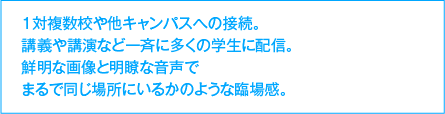 1対複数校や他キャンパスへの接続。講義や講演など一斉に多くの学生に配信。鮮明な画像と明瞭な音声でまるで同じ場所にいるかのような臨場感。