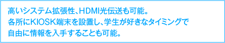 高いシステム拡張性、HDMI光伝送も可能。各所にKIOSK端末を設置し、学生が好きなタイミングで自由に情報を入手することも可能。